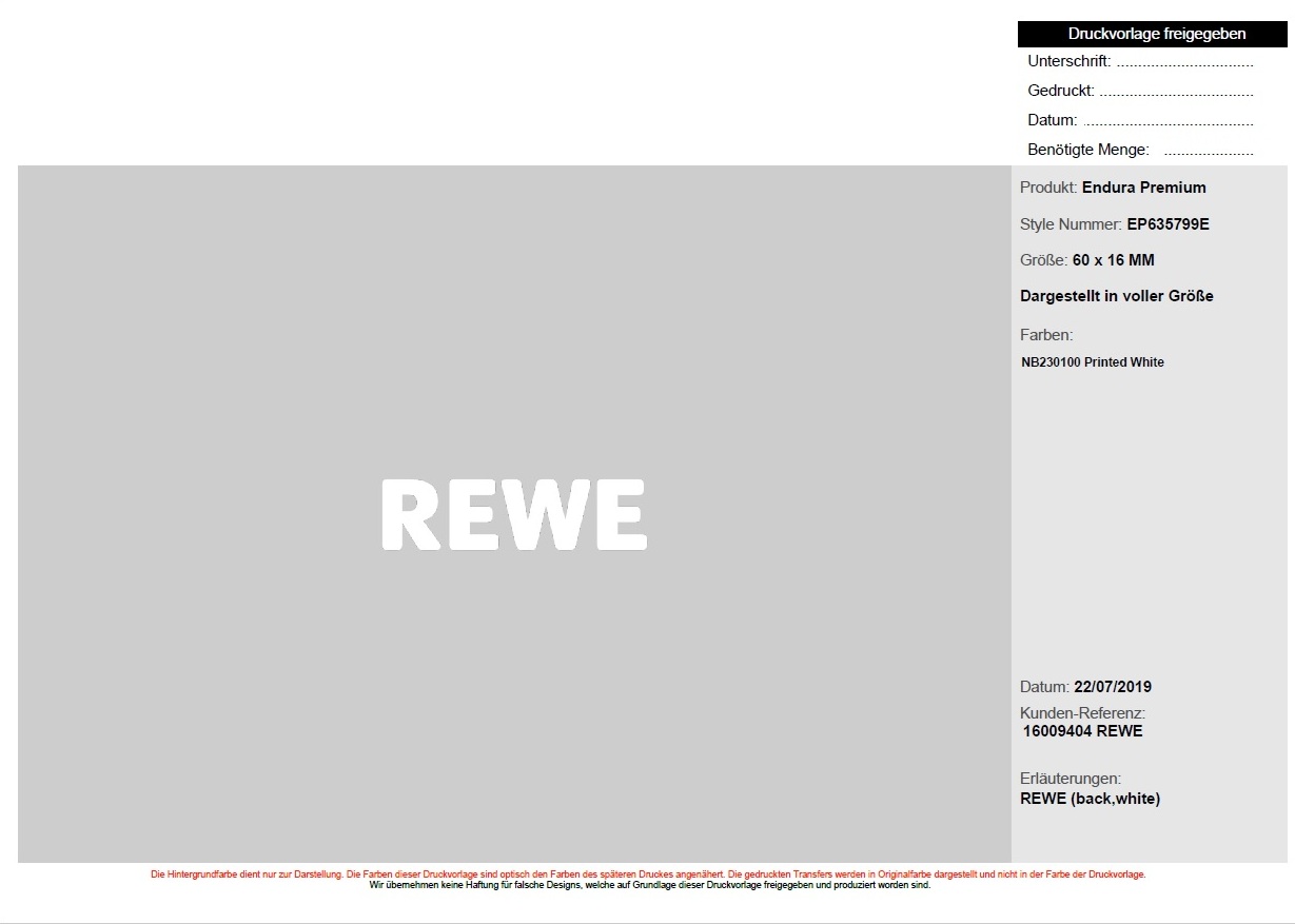 "REWE" Transferemblem, 6 cm breit, weiss