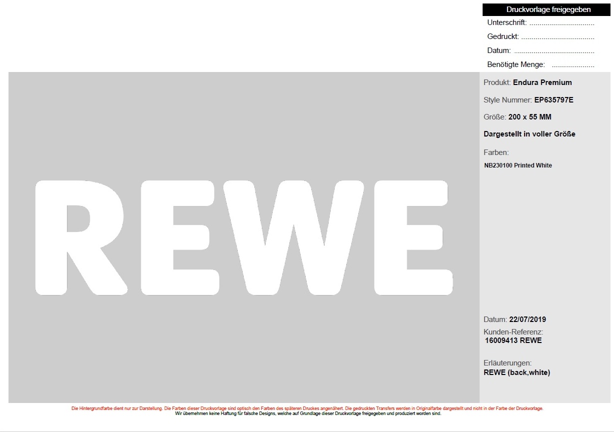 "REWE" Transferemblem, 20 cm breit, weiss Platz: Rücken
