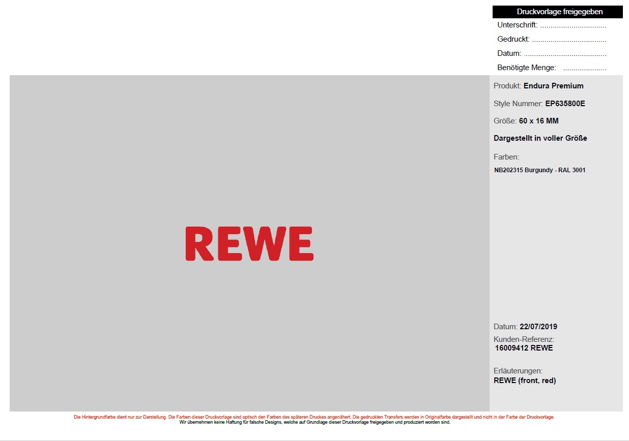 "REWE" Transferemblem, 6 cm breit, rot Platz: Brust herzseitig