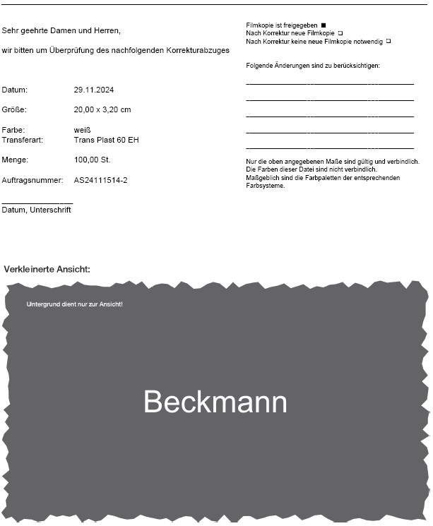 "Beckmann", Arial 1-fb. weiß, 20 cm breit Platz:  Polos: unmittelbar unter dem REWE Logo auf dem Rücken,Hoodie-Jacke bekommt kein Rückenlogo