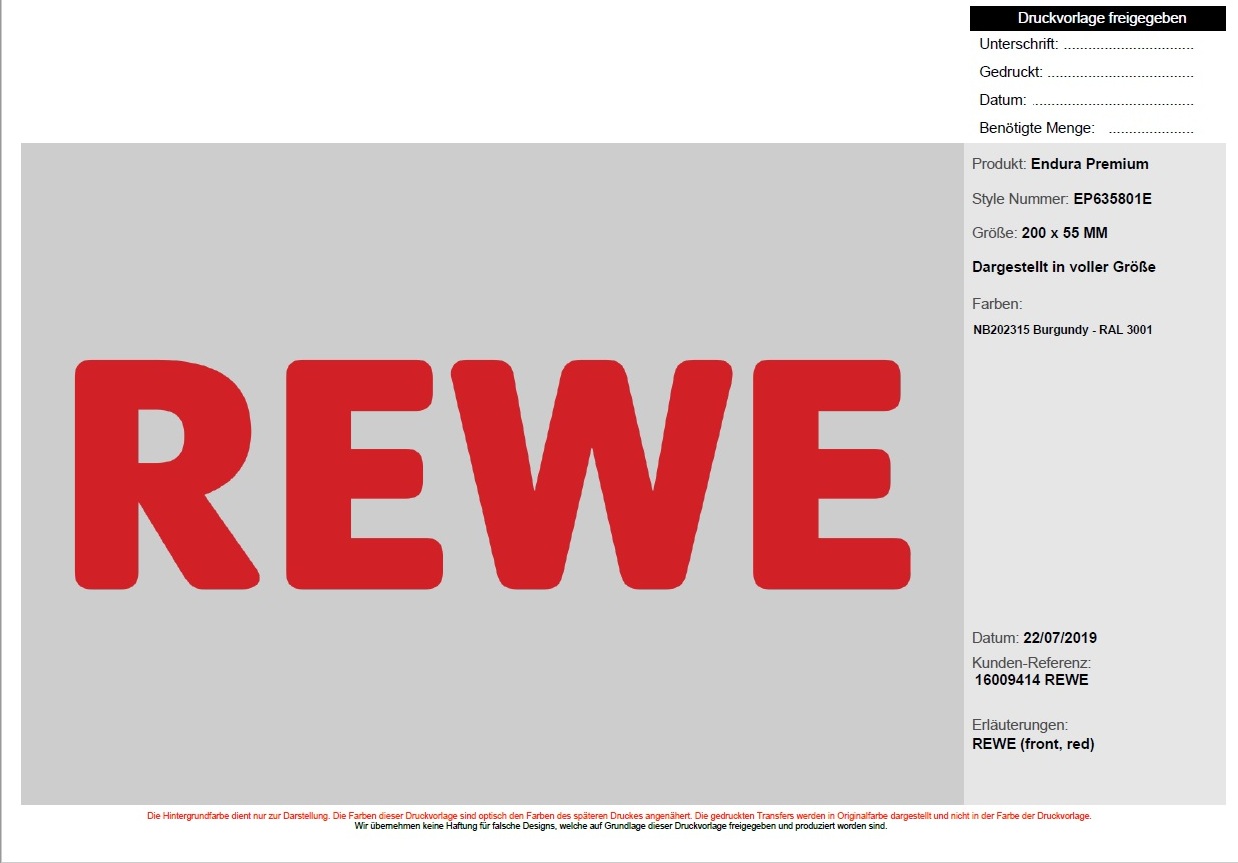 "REWE" Transferemblem, 20 cm breit, rot Platzt: Rücken