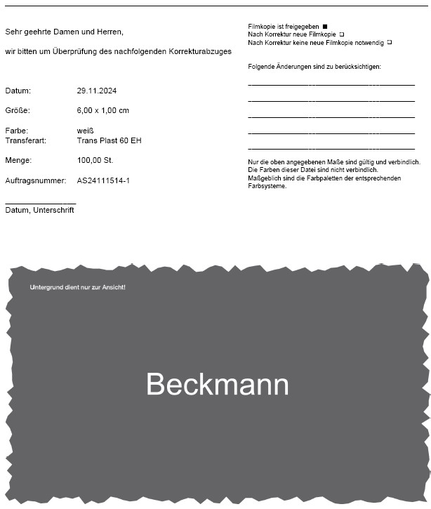 "Beckmann", Arial 1-fb. weiß, 6 cm breit Platz:  unmittelbar unter dem REWE Logo auf der Brust